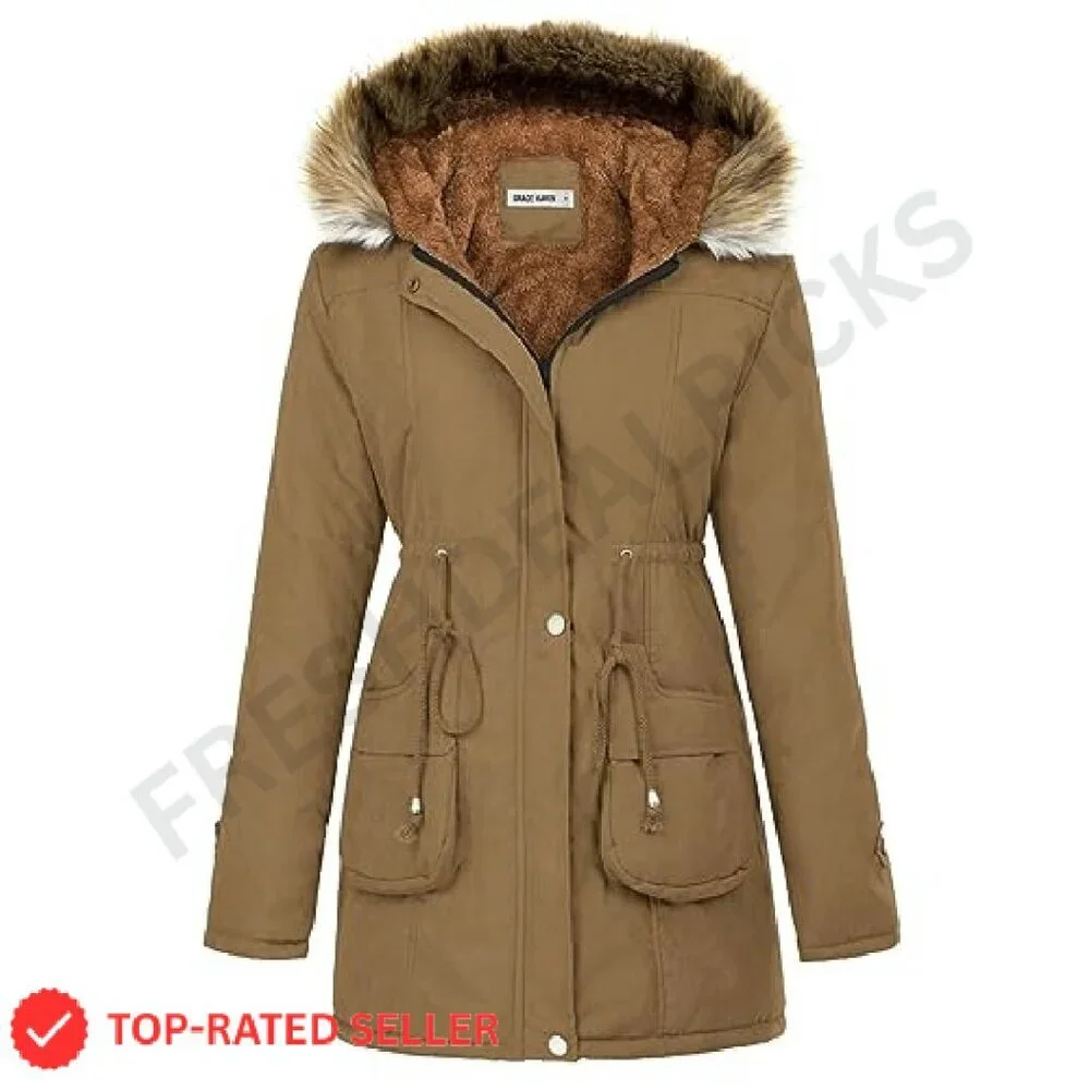 Women's Fleece Lined Parka Jacket Hooded Military Style Winter Coat Warm